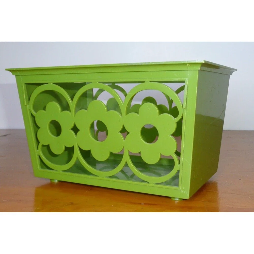 Vintage Avocado Green Daisy Flower Plastic Napkin Holder Basket Boho 70s Decor